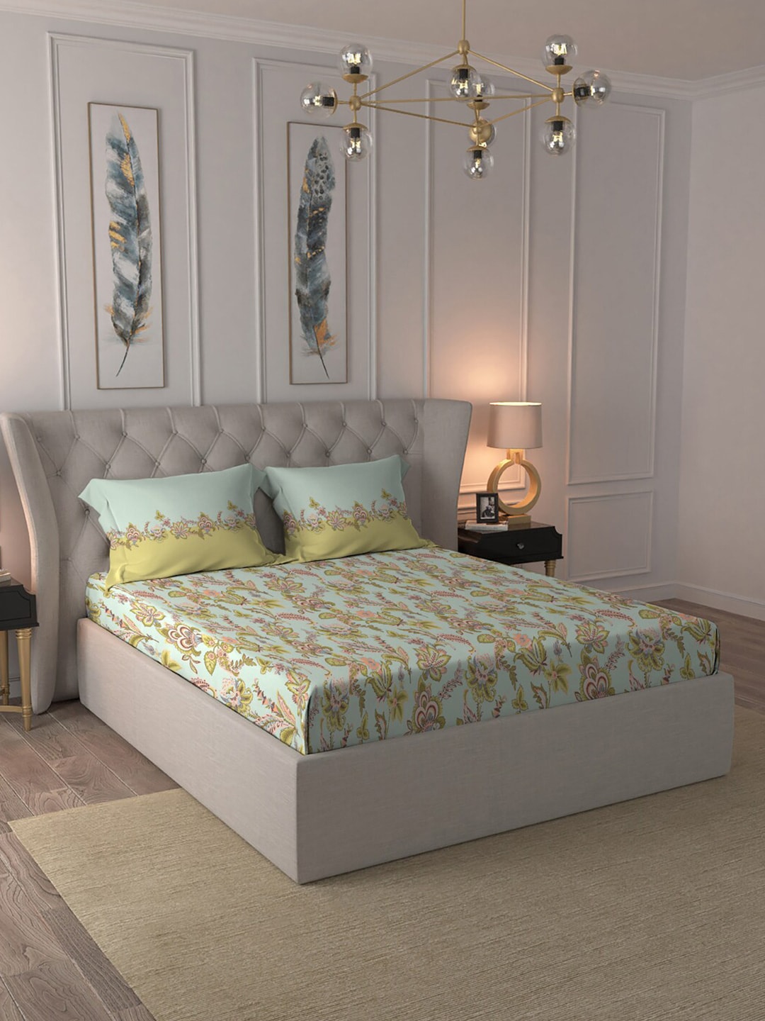MYTRIDENT Blue White Floral Pure Cotton 144 TC Queen Bedsheet With 2 Pillow Covers