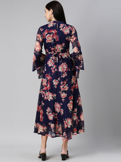 Souchii Navy Blue Floral Chiffon Midi Dress