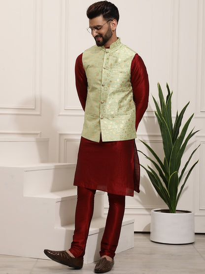 Sojanya Men Maroon Solid Kurta Set & Nehru Jacket