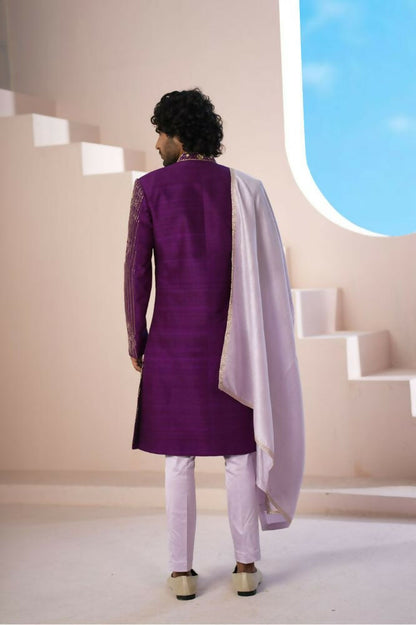 Purple Elegance Sherwani With Zardosi And Gold Embellishments by Hilo Design