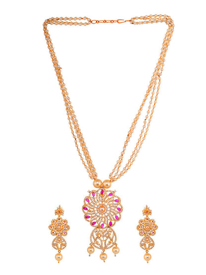 Saraf RS Jewellery Gold-Polished White & Pink American Diamond Studded & Beaded Handcrafted Set