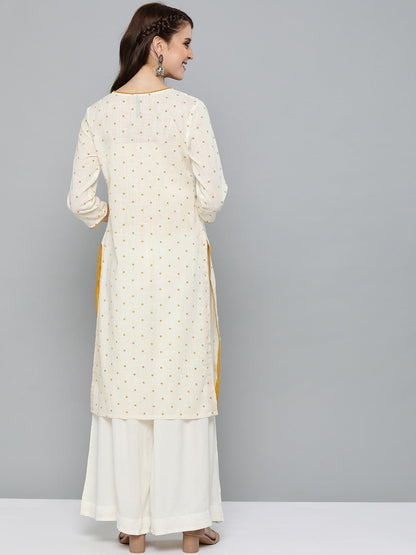 HERE&NOW Women Off-White & Mustard Yellow Geometric Printed Straight Kurta