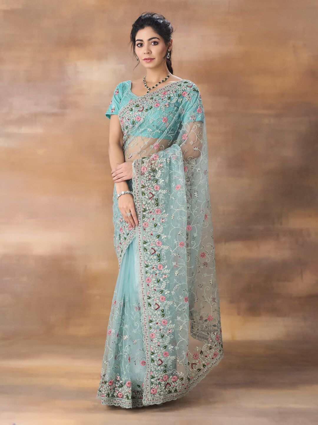 kasee Floral Embroidered Net Saree