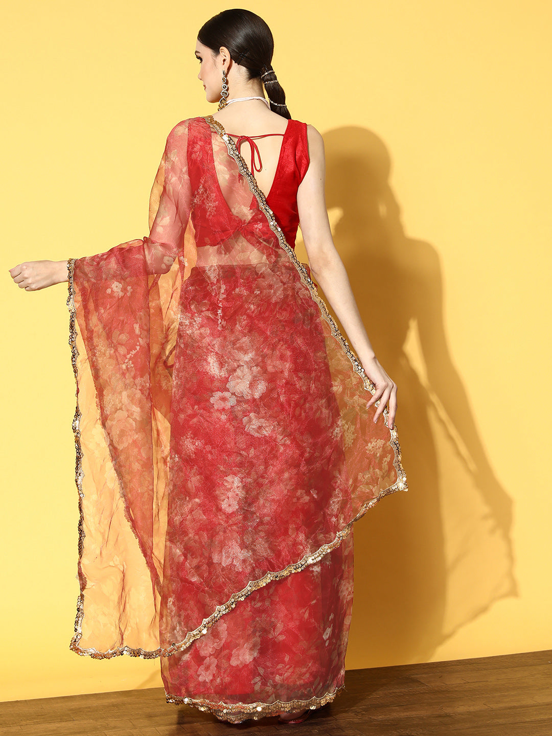 Tikhi Imli Red Floral Sequinned Organza Saree