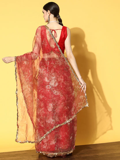 Tikhi Imli Red Floral Sequinned Organza Saree