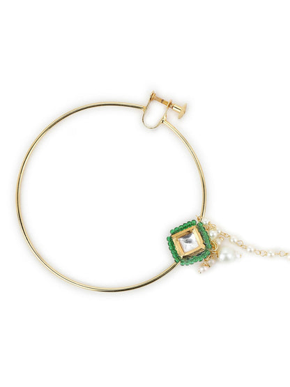 Gold-Polished Green White Kundan Studded Beaded Chained Nosepin - Ruby Raang