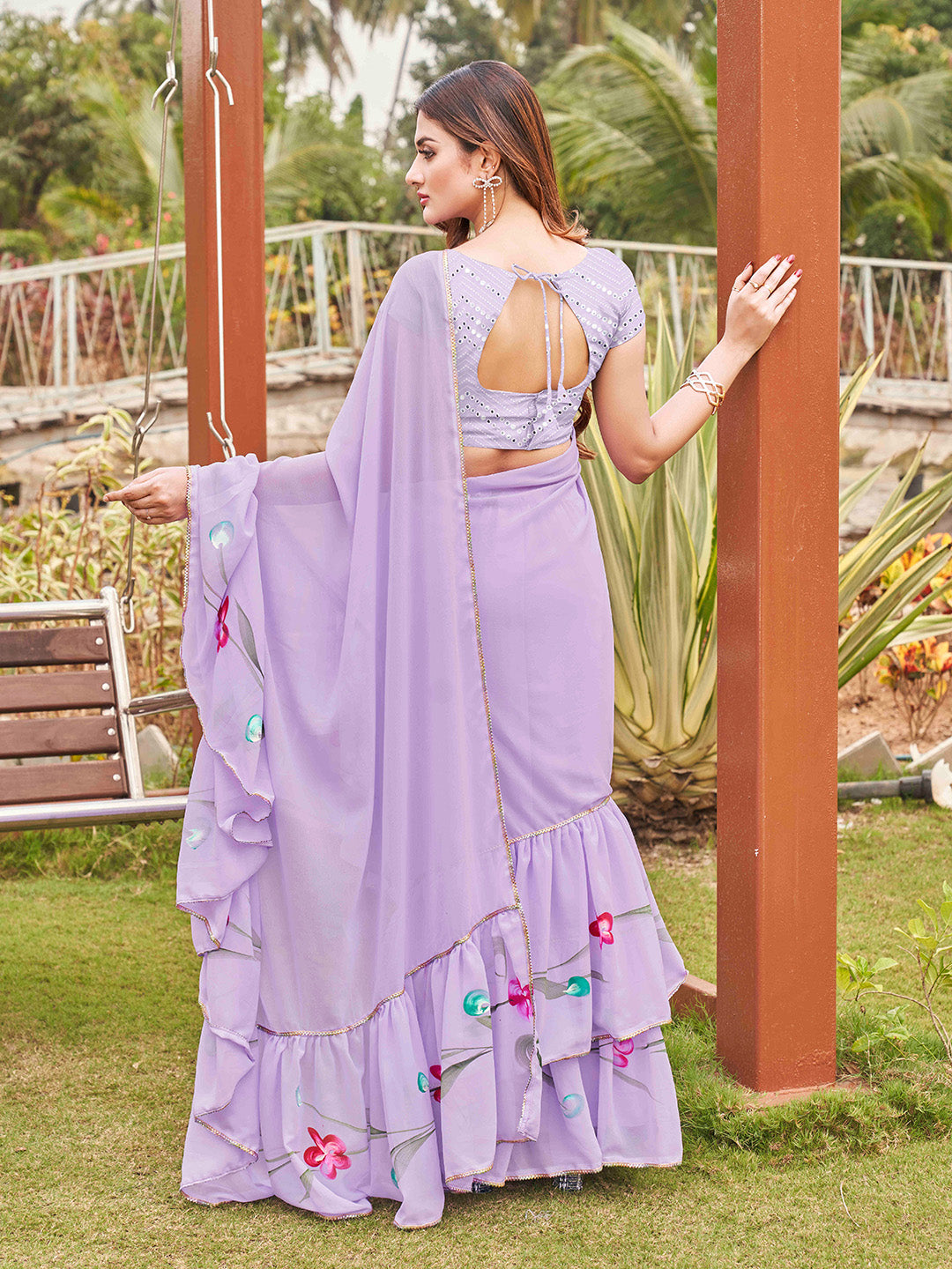 Tikhi Imli Printed Ruffle Saree With Mirror Embroidered Work Blouse