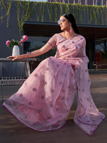 Tikhi Imli Floral Mirror Work Organza Saree
