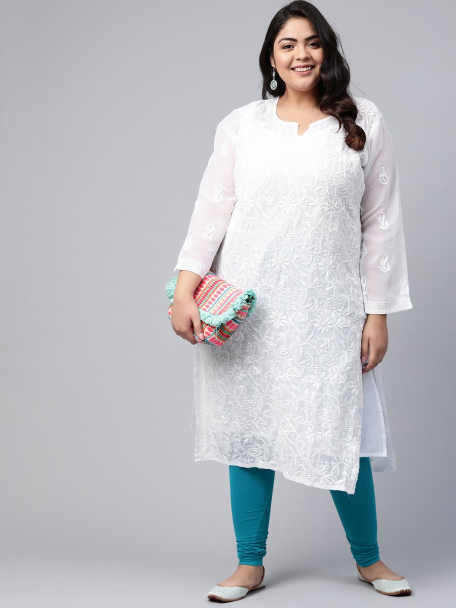 ADA Women Plus Size White Ethnic Motifs Chikankari Embroidered Georgette Handloom Kurta With Slip