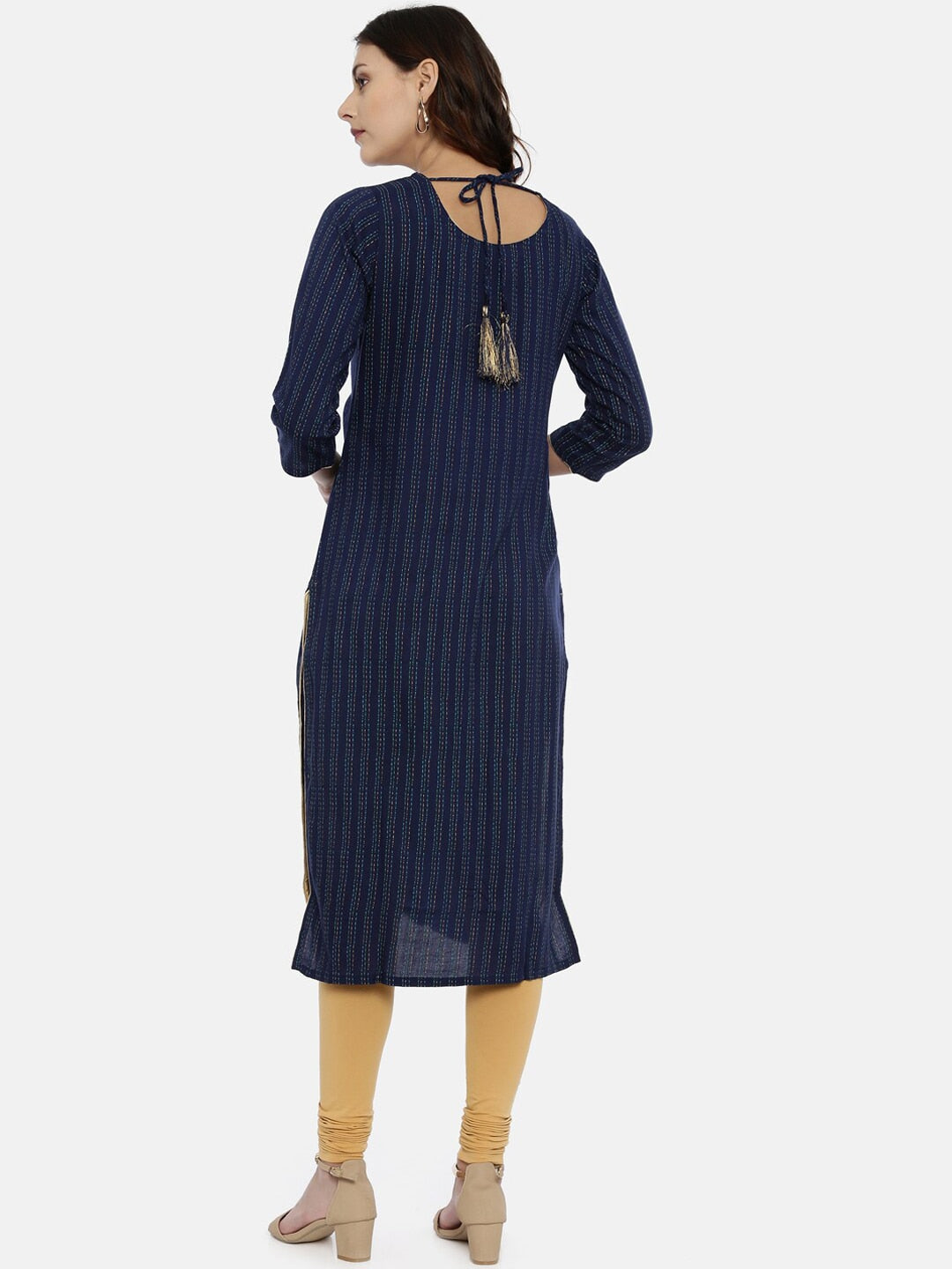 Souchii Navy Blue & Gold-Toned Striped A-Line Kurta
