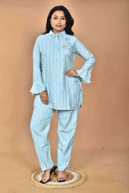 Morchari Women And Hand Embroidery Co-Ords-Sky Blue
