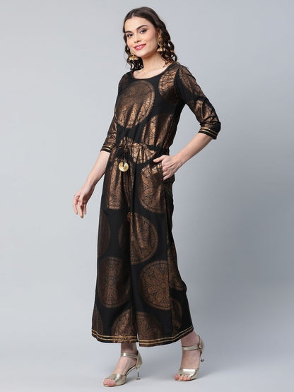 Ahalyaa Black Crepe Copper Foil Printed Jumpsuit