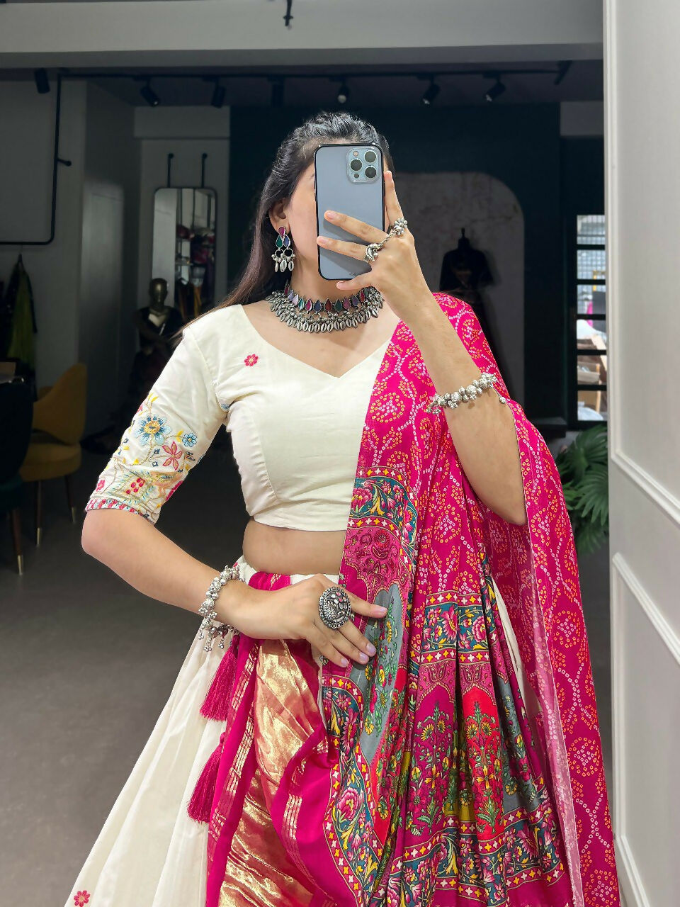 Vastranavya Traditional Special Khadi Cotton Sequins And Thread Embroidery Work Lehenga with Unstitched Blouse - White
