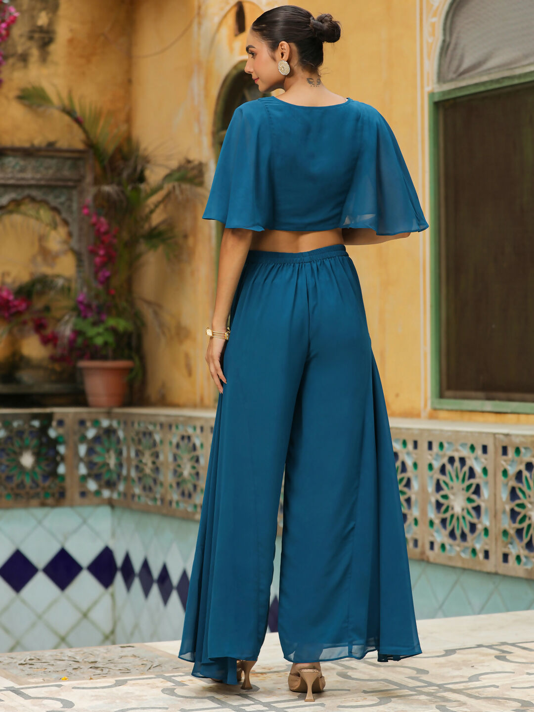 Janasya Teal Blue Georgette Yoke Embroidery Co-Ords