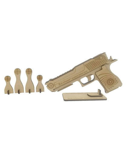 Kraftsman Semi-Automatic Wooden Rubber Band Shooting Gun Toys for Kids & Adults with Target | 5 Rapid Fire Shots (Beige)