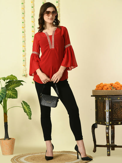 Myshka Women's Red Embroidered Party Fusion Top