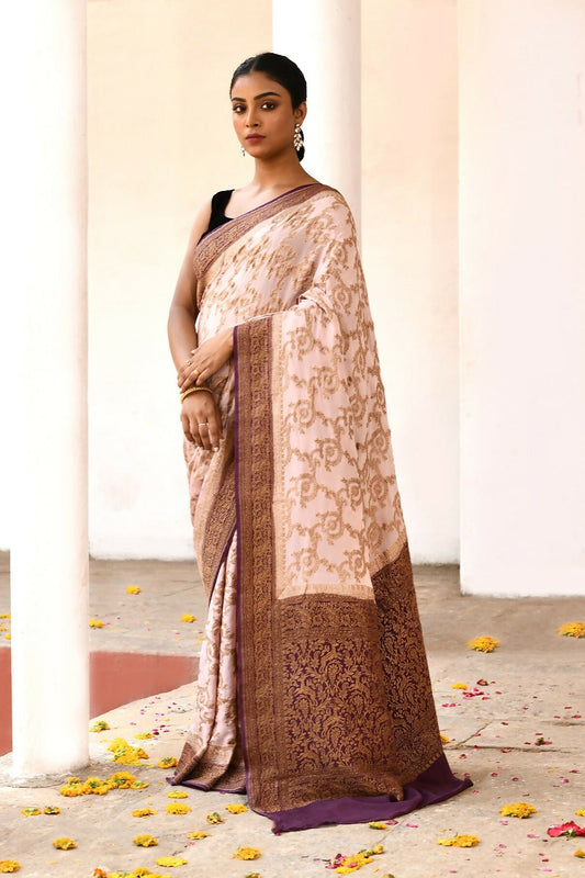 Joban Fashion Ivory Crepe Chiffon Pure Handloom Banarasi Silk Saree