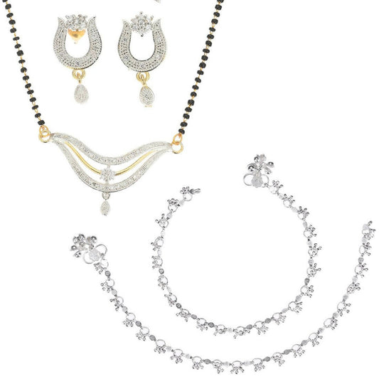 AanyaCentric Gold-Polished Mangalsutra Pendant Earring Set & Silver Plated Anklet