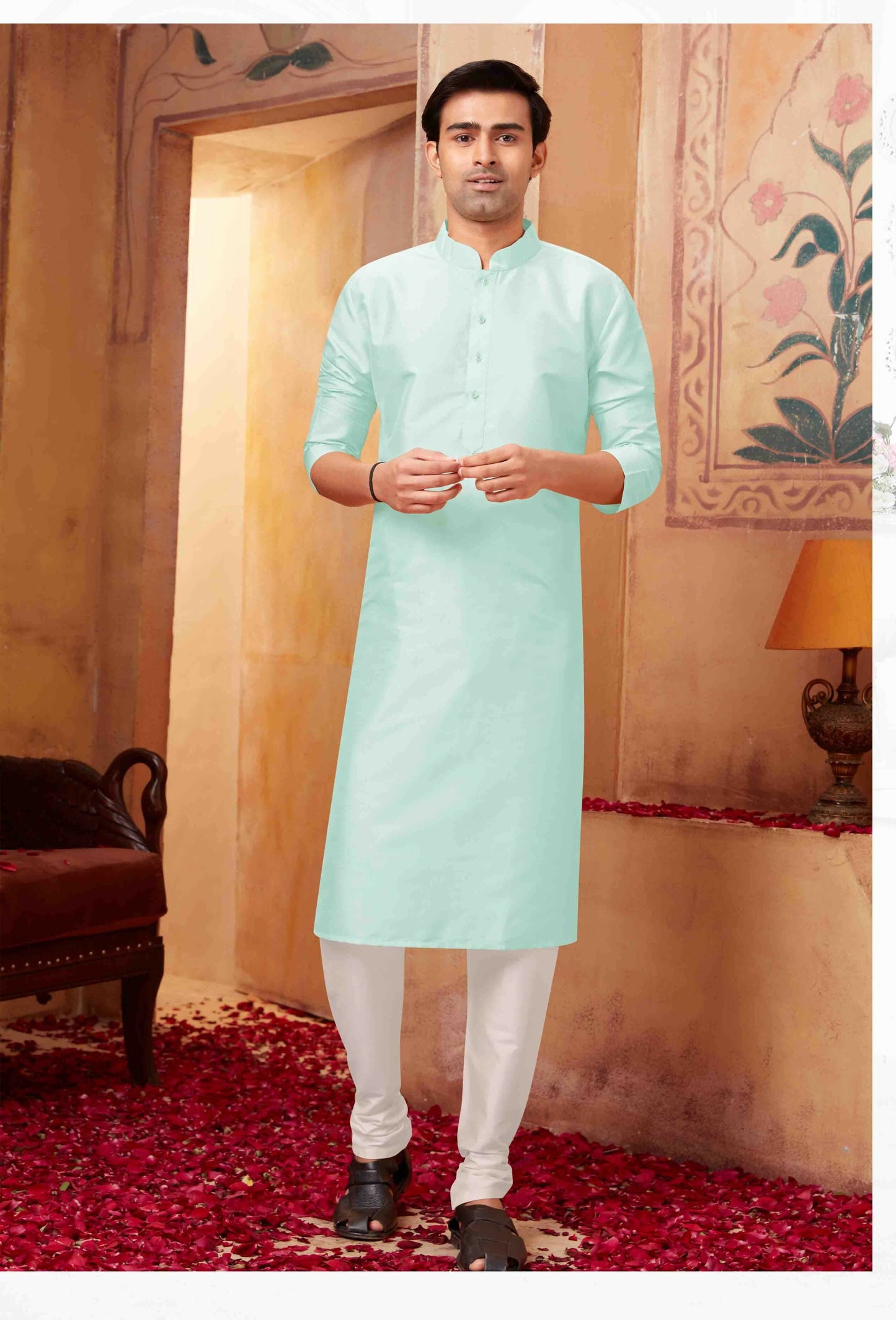 Joban Fashion Aqua Blue Art Silk Kurta Pyjama