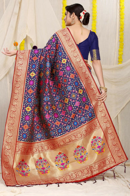 Jyoti Fashion Women's Navy Blue Patola Silk Zari Woven Saree with Blouse