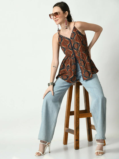 Myshka Women's Rust Printed Sweetheart Neck Top