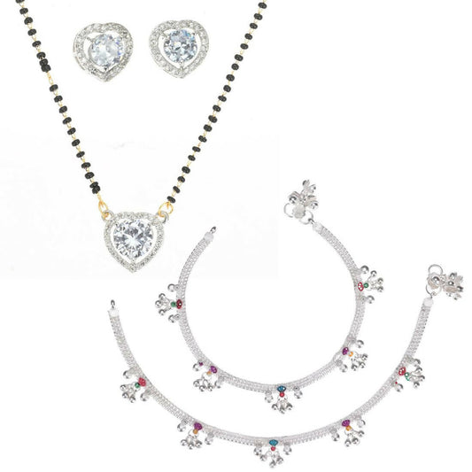 AanyaCentric Gold-Polished Mangalsutra Pendant Earring Set & Silver Plated Anklet