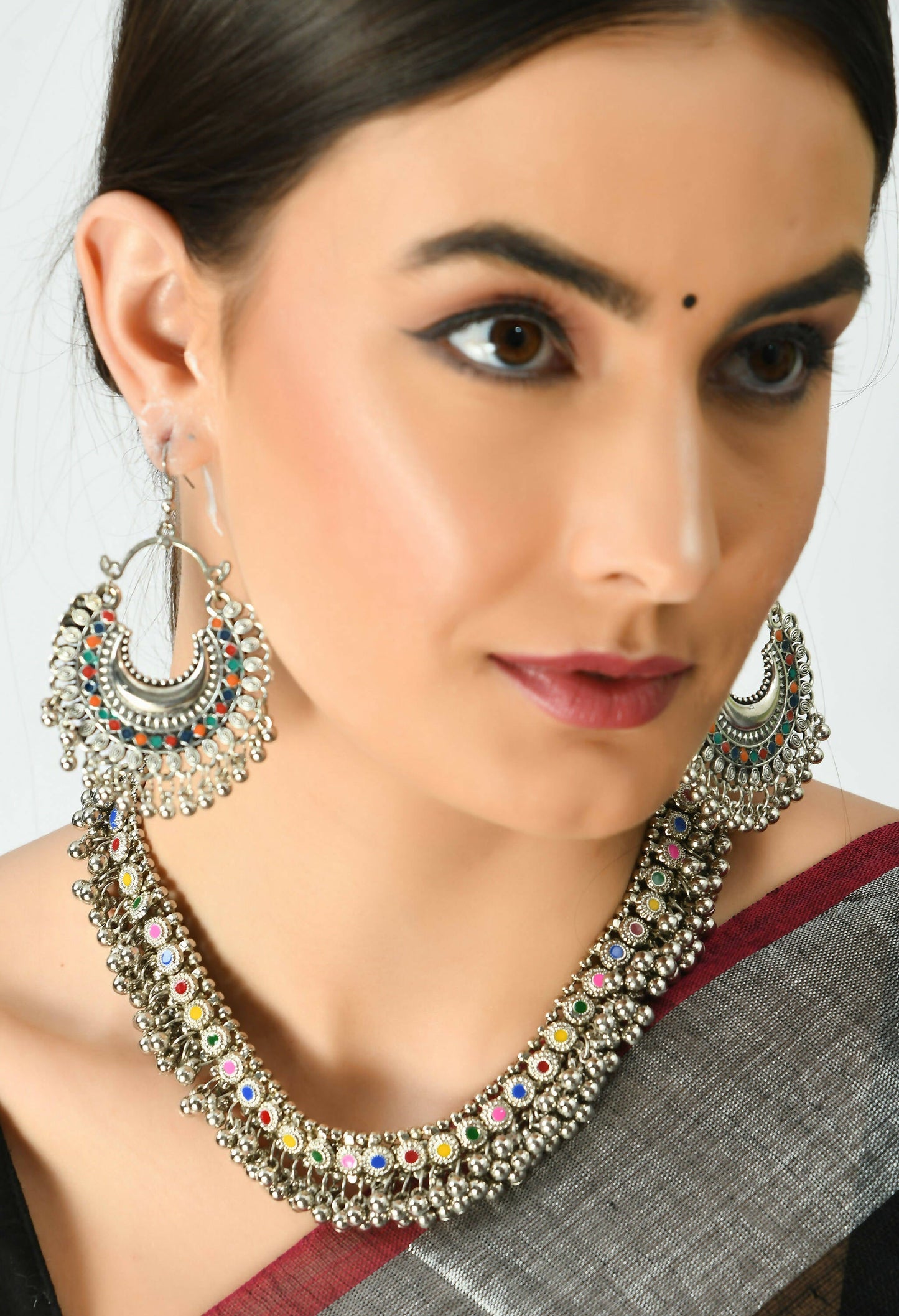 Mominos Fashion Johar Kamal Oxidised Silver-Plated Meena Work Choker Set