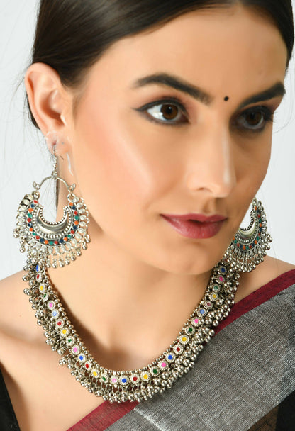 Mominos Fashion Johar Kamal Oxidised Silver-Plated Meena Work Choker Set