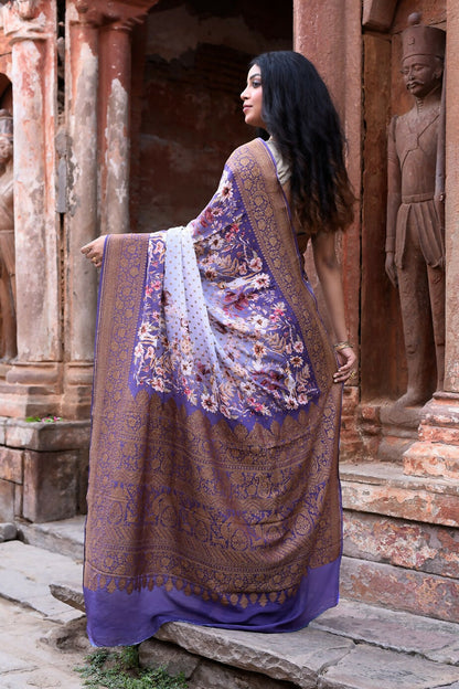 Joban Fashion Shade Of Orchid Crepe Chiffon Pure Handloom Banarasi Silk Saree