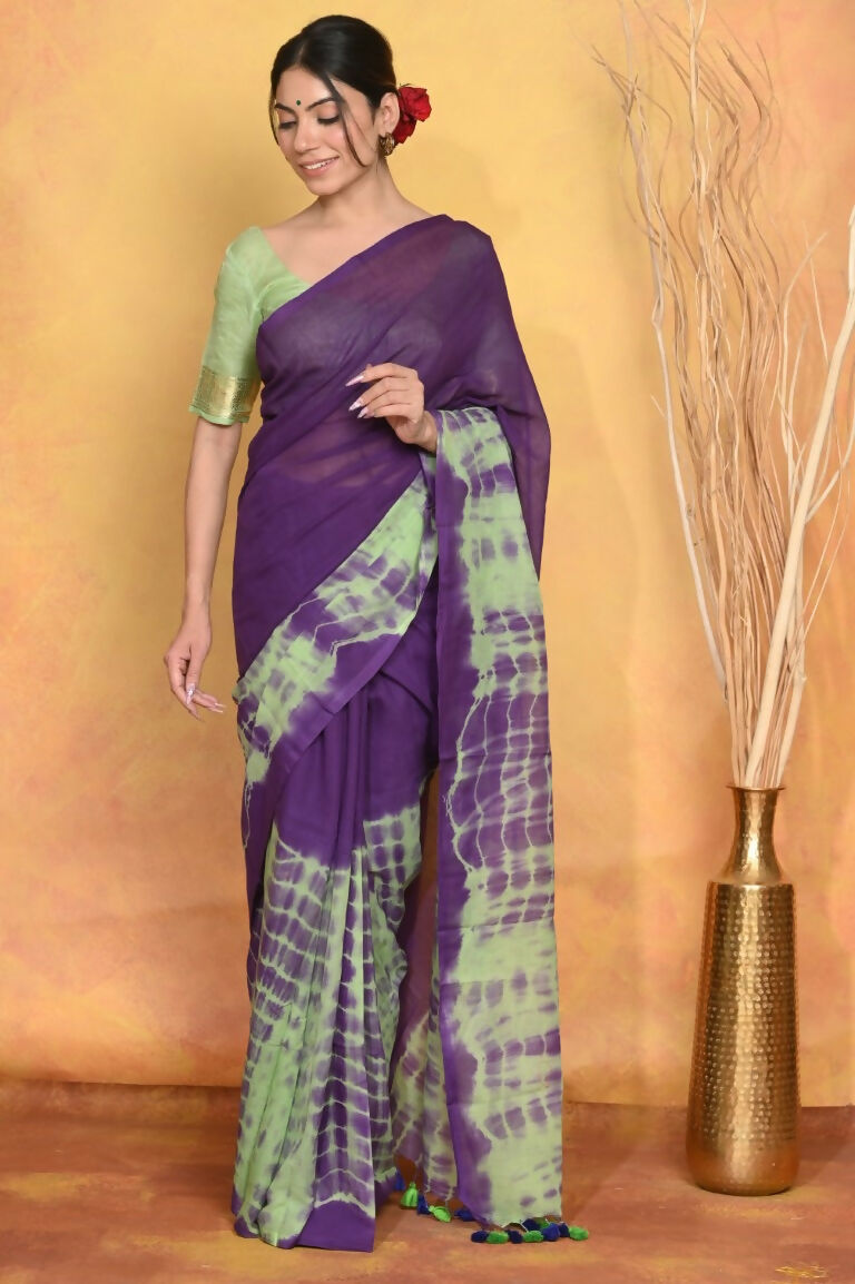 Very Much Indian Tie & Dye Handloom Mul Cotton Saree - Blue Green