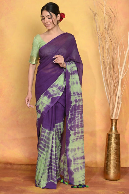 Very Much Indian Tie & Dye Handloom Mul Cotton Saree - Blue Green