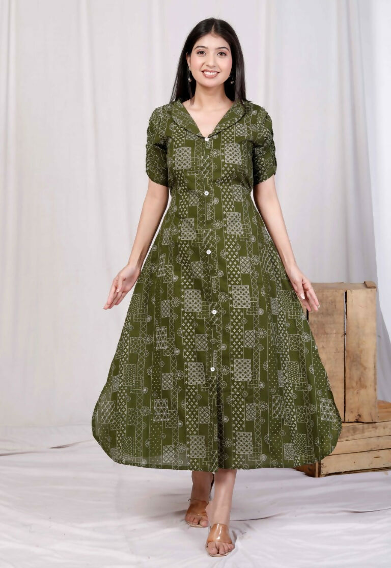 Miravan Women's Pure Cotton Floral Printed Green Button Down A-Line Midi Dress