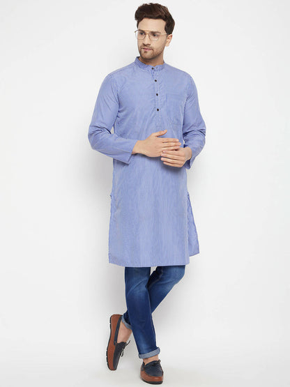 Even Apparels Blue Color Pure Cotton Long Men's Kurta With Band Collar