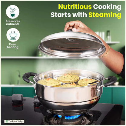 The Indus Valley 8 Pit Tri-Steel Multi Pot Premium Stainless Steel Idli/ Dhokla/ Momo Maker/ Veg Steaming Set, Tri-ply Induction Bottom, 5 Plates, 3L
