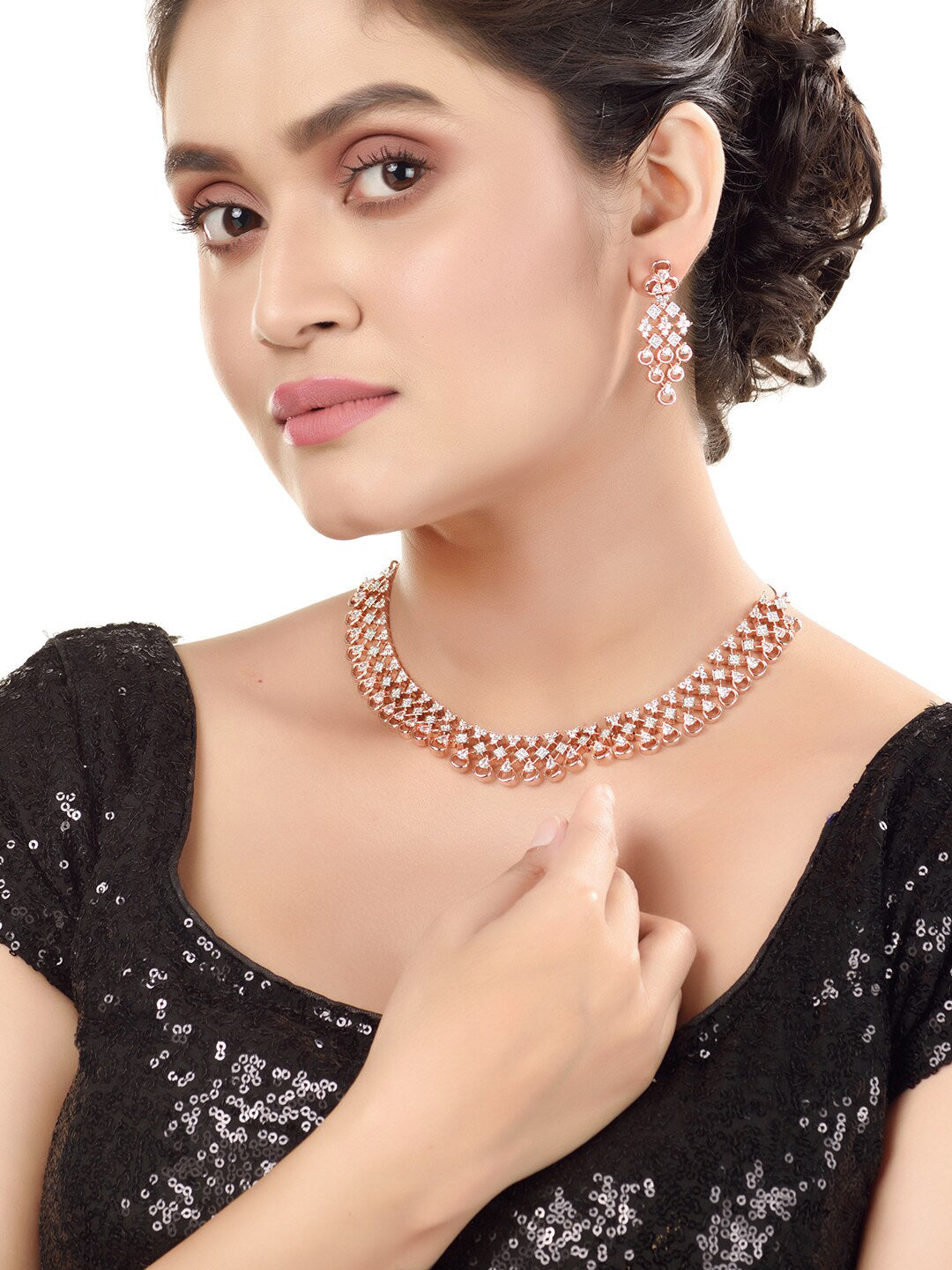 Saraf RS Jewellery Rose Gold-Polished White AD-Studded Handcrafted Jewellery Set