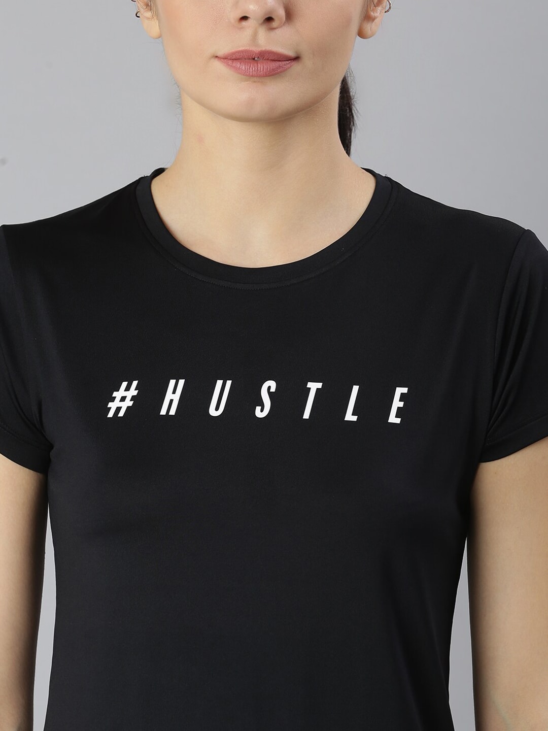 MKH Women Black Typography Printed Dri-FIT Sports T-shirt