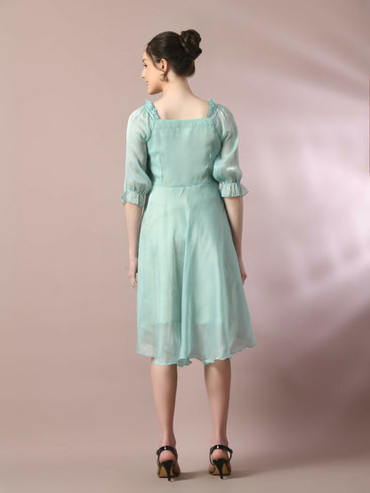 Myshka Women's Sea Green Solid Square Neck Fit and Flare Party Dress