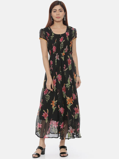 Souchii Women Black Printed Fit and Flare Dress