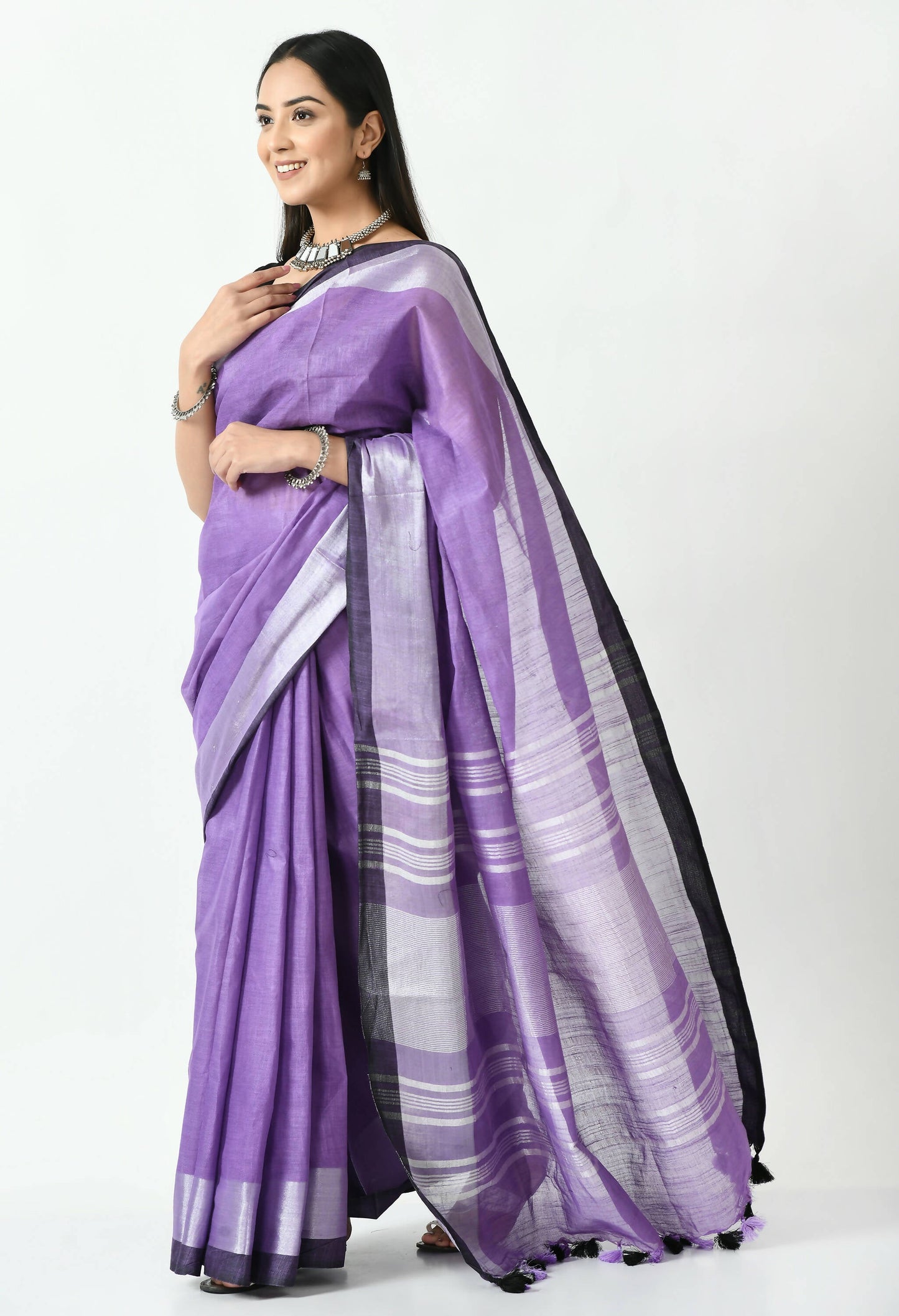 Mominos Fashion Moeza Purple & Black Bhagalpuri Handloom Silk Linen Saree with unstitched Blouse piece