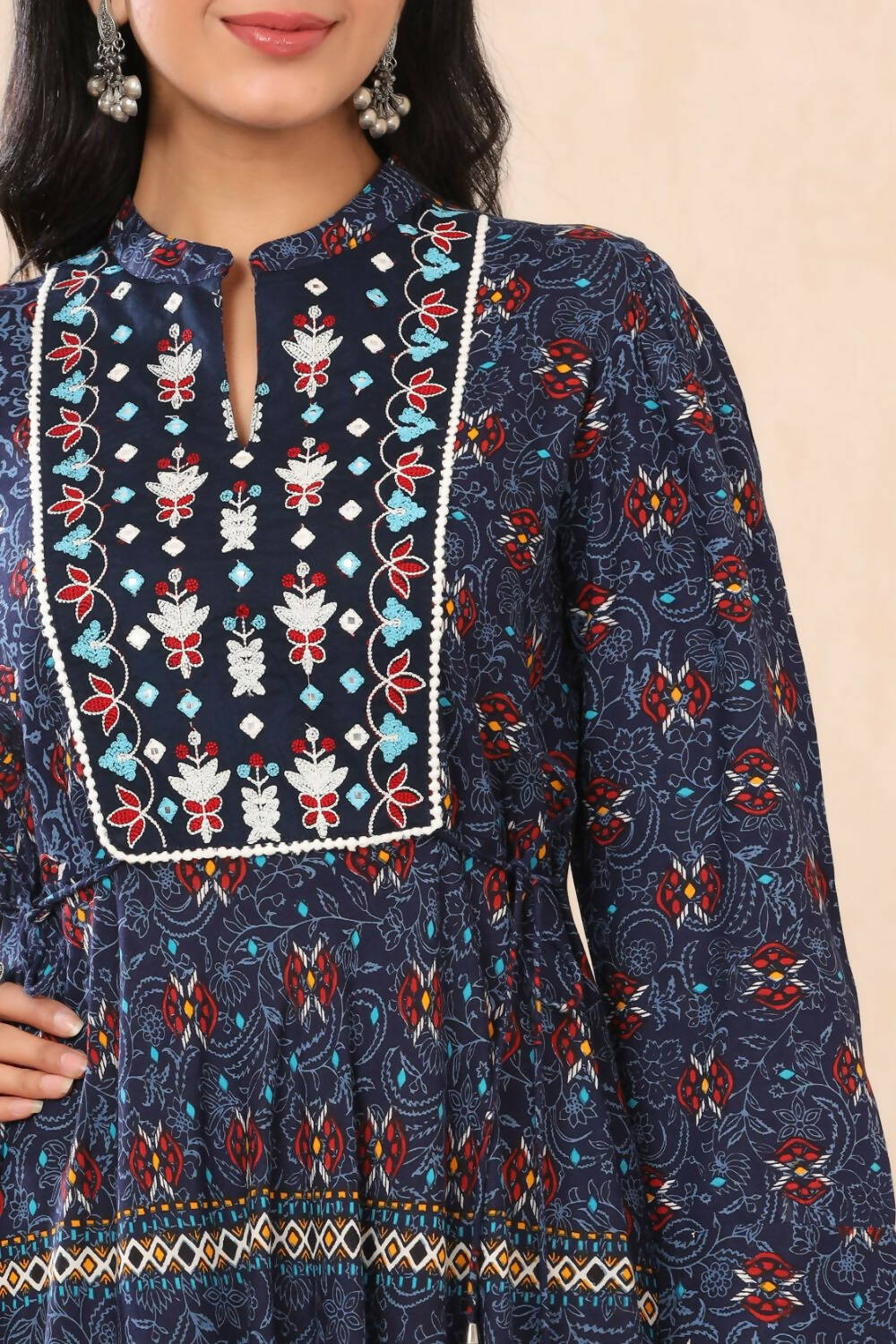 Juniper Womens Indigo Rayon Multicolor Printed Maxi Dress With Yoke Mirror Embroidery