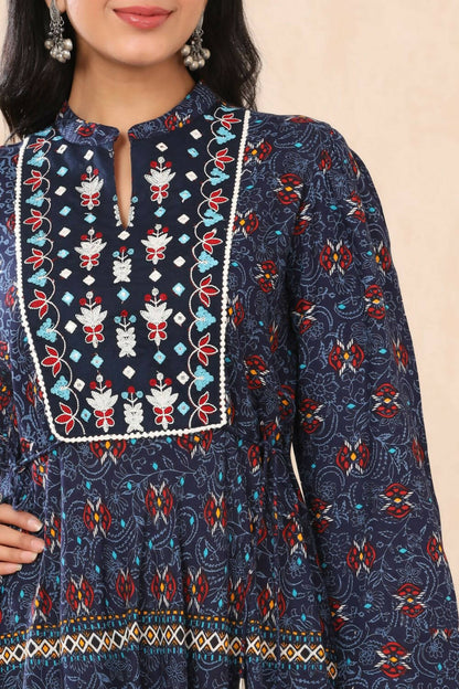 Juniper Womens Indigo Rayon Multicolor Printed Maxi Dress With Yoke Mirror Embroidery