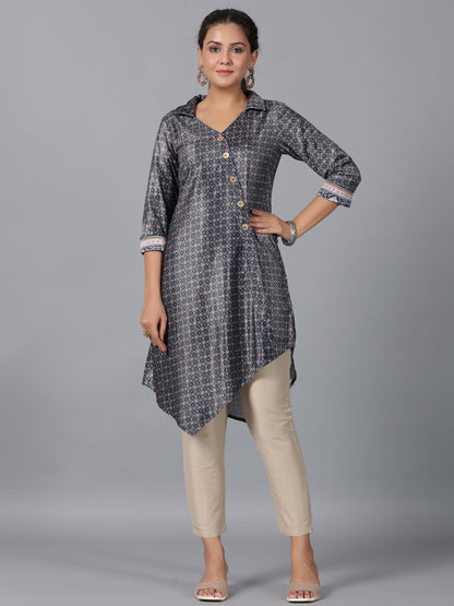 Juniper Women Green Velvet Printed Asymmetric Kurta