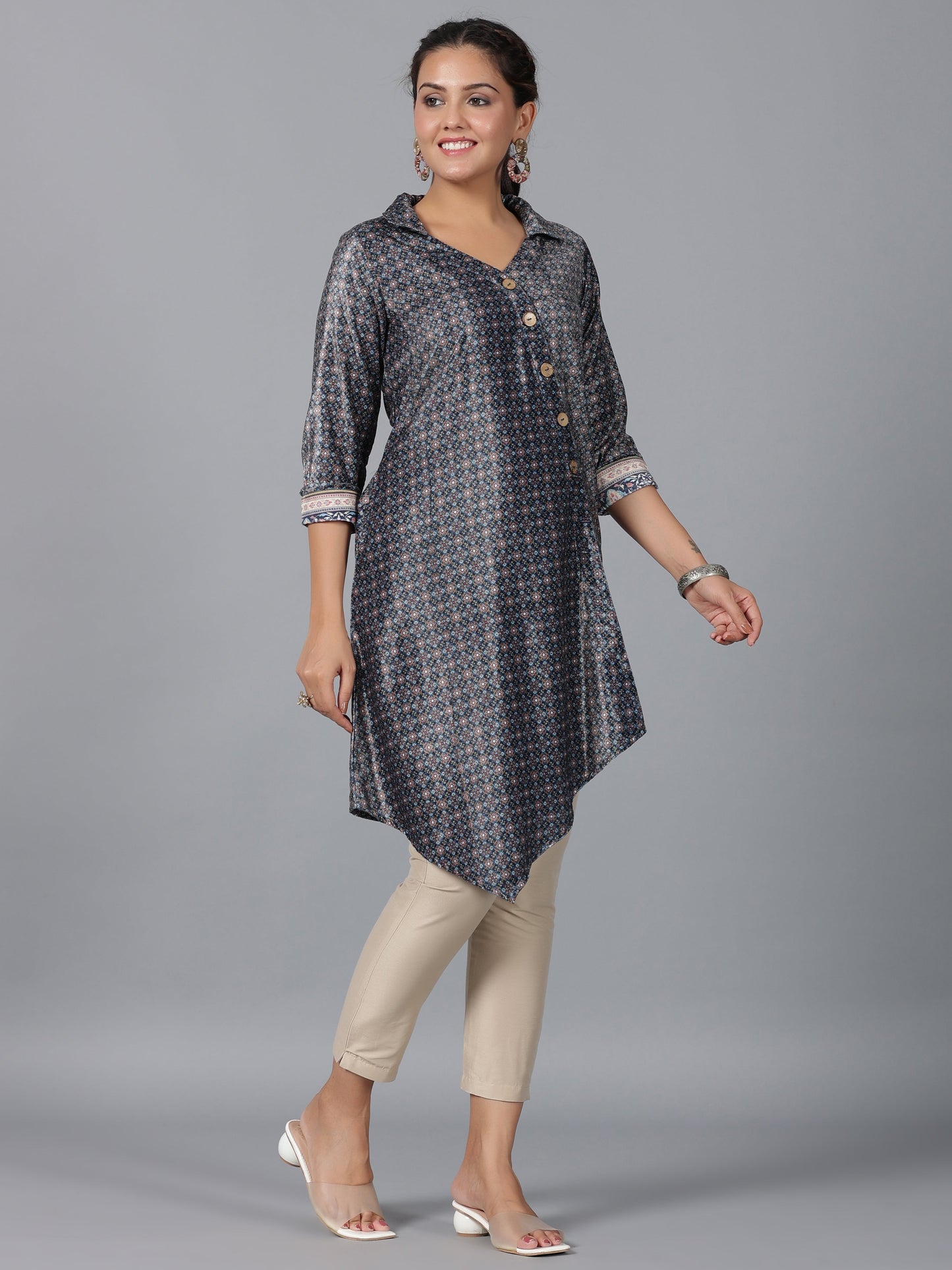 Juniper Women Green Velvet Printed Asymmetric Kurta