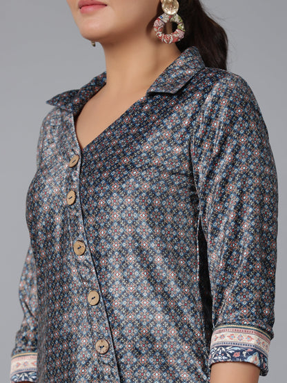 Juniper Women Green Velvet Printed Asymmetric Kurta