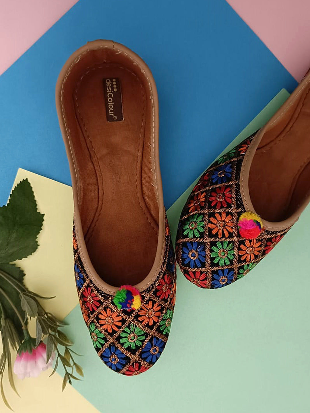 Desi Colour Women Indian Ethnic Footwear-Floral Black