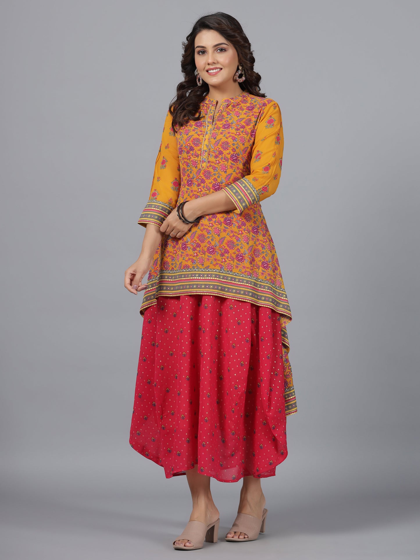 Juniper Women Mustard Georgette Printed Draped Maxi Dress