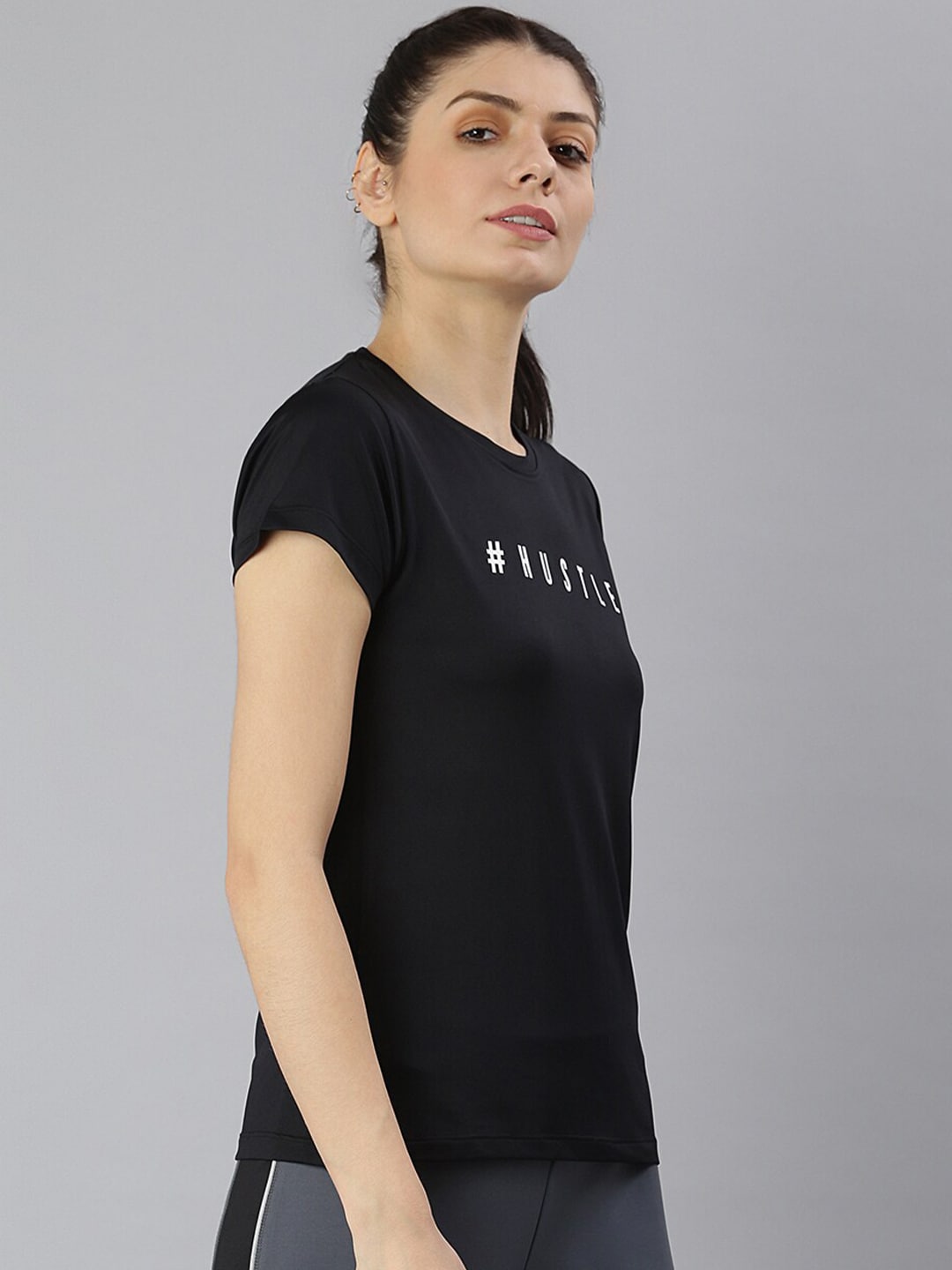 MKH Women Black Typography Printed Dri-FIT Sports T-shirt