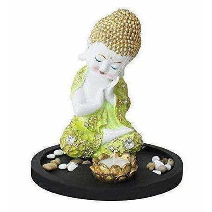 Multi - Color Handmade Buddha Showpiece and Stones On Wooden Tray