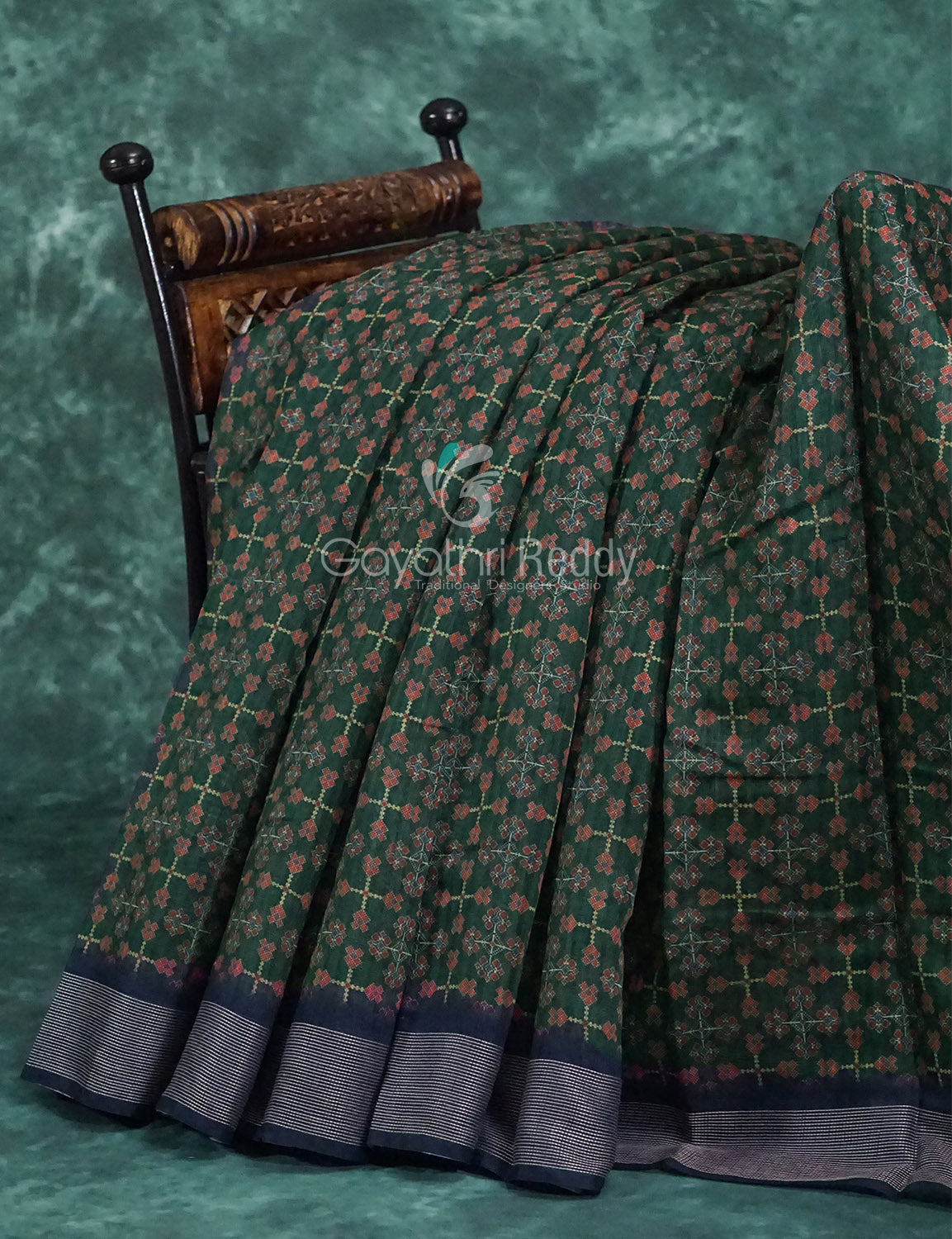Dark Green and Navy Blue Geometrical Print Semi Chanderi Saree By Gayathri Reddy Designer Studio