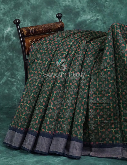 Dark Green and Navy Blue Geometrical Print Semi Chanderi Saree By Gayathri Reddy Designer Studio